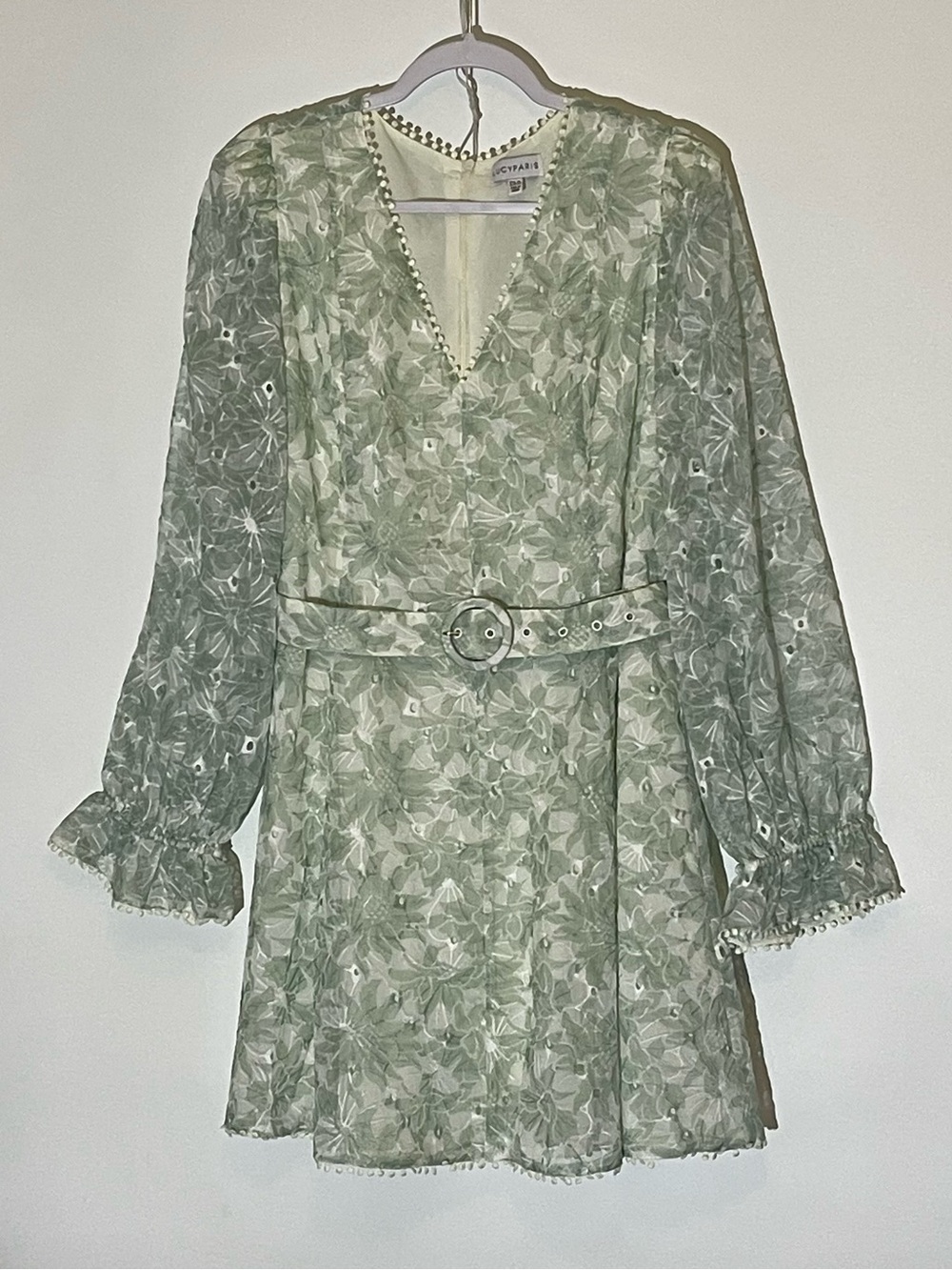 Lucy Paris Green Floral Eyelet Long Sleeve Belted Special Occasion Mini Dress XL